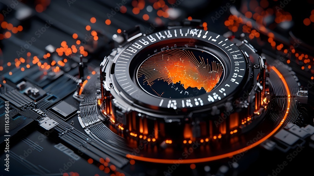 Poster highly detailed scientific seismograph instrument with complex mechanical components and data visual