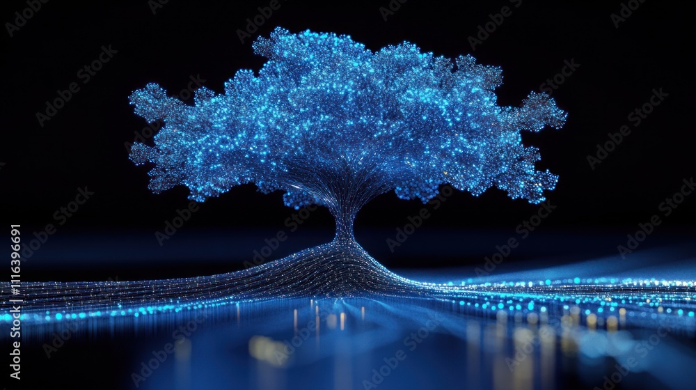 Poster abstract digital blue tree with glowing particle roots.