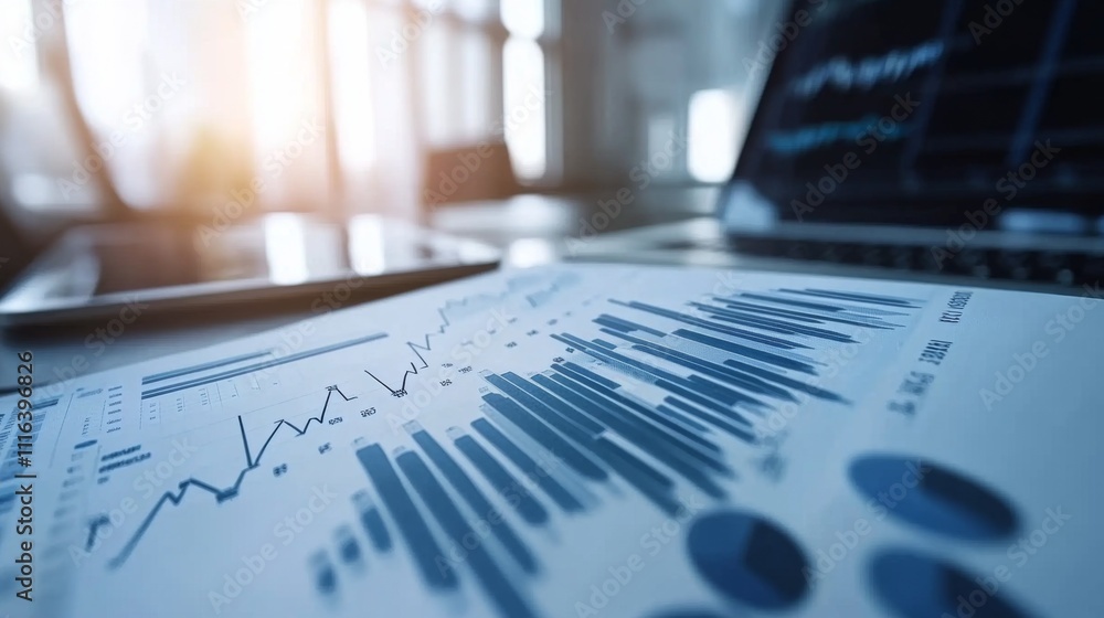 Poster modern business data visualization with graphs and laptop analysis