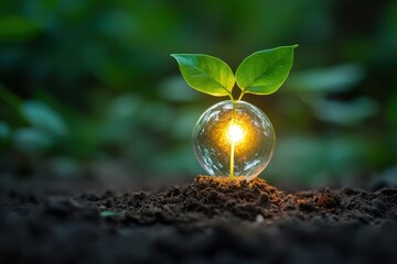 A small plant is growing in a glass globe