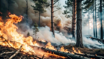 Fototapeta premium Intense Wildfire Erupting in Forest With Thick Smoke and Bright Flames Consuming Trees, Creating a Dramatic Scene of Destruction and Natural Disaster