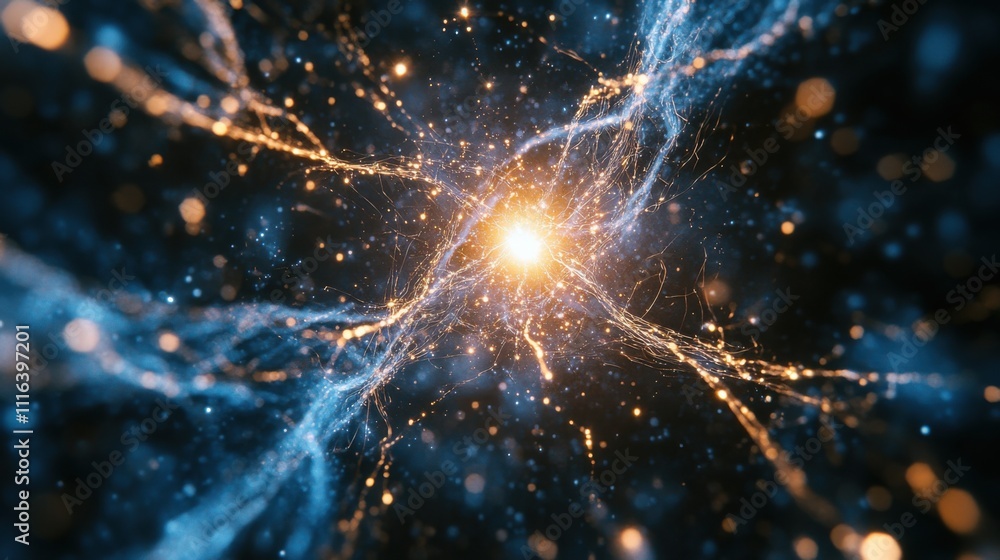 Poster cosmic wonders: a stunning visualization of a bright starburst with glowing light trails and sparkli