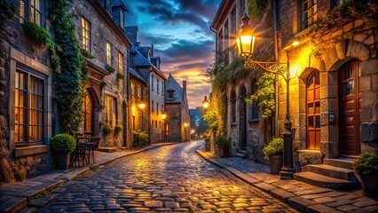 Fototapeta premium Old City Street Night Photography AI Art, Urban Alley Night Scene, Ancient Cityscape