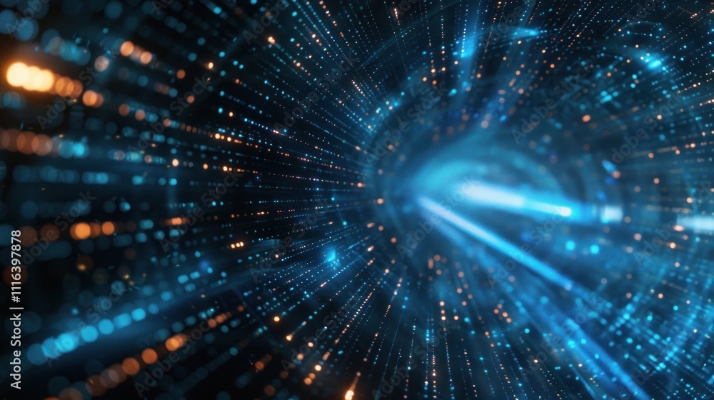 Poster abstract digital tunnel with light rays and glowing particles