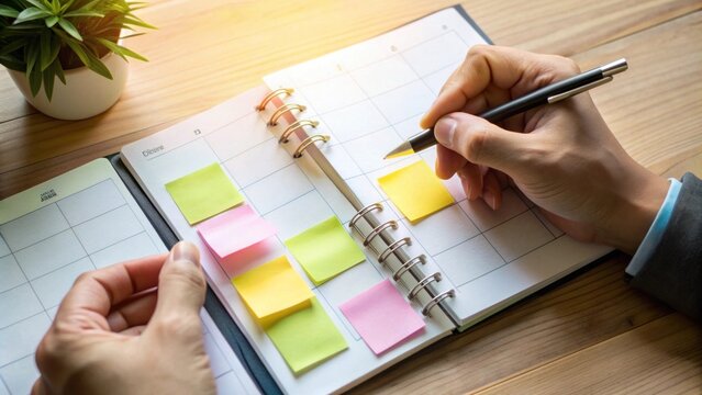Professional Hands Organizing Bright Sticky Notes on a Calendar for Effective Planning and Time Management in a Modern Workspace