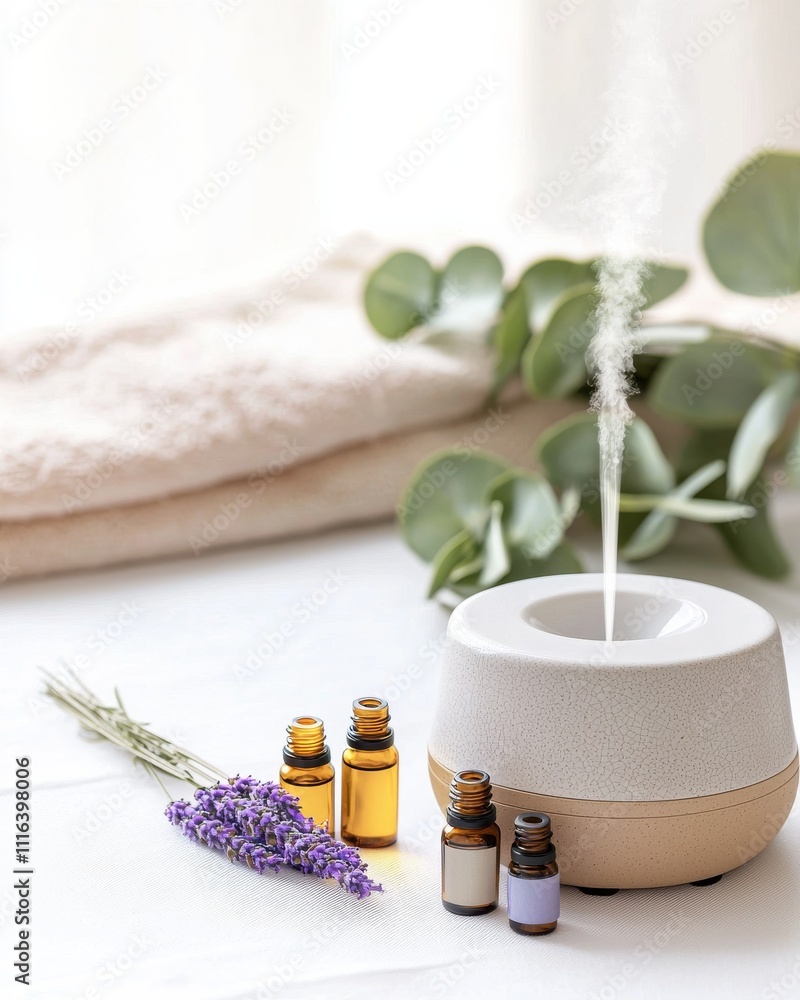Poster relaxing aromatherapy session with essential oils and diffuser at home in a calm environment