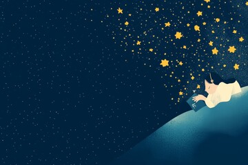 Fototapeta premium A person enjoys reading before falling asleep under stars. Concept of sleep hygiene. Template for background, banner, card, poster