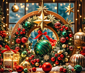 Christmas tree with gifts, decorations, baubles, and presents.