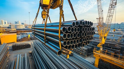 Crane Lifting Steel Pipes At Industrial Port