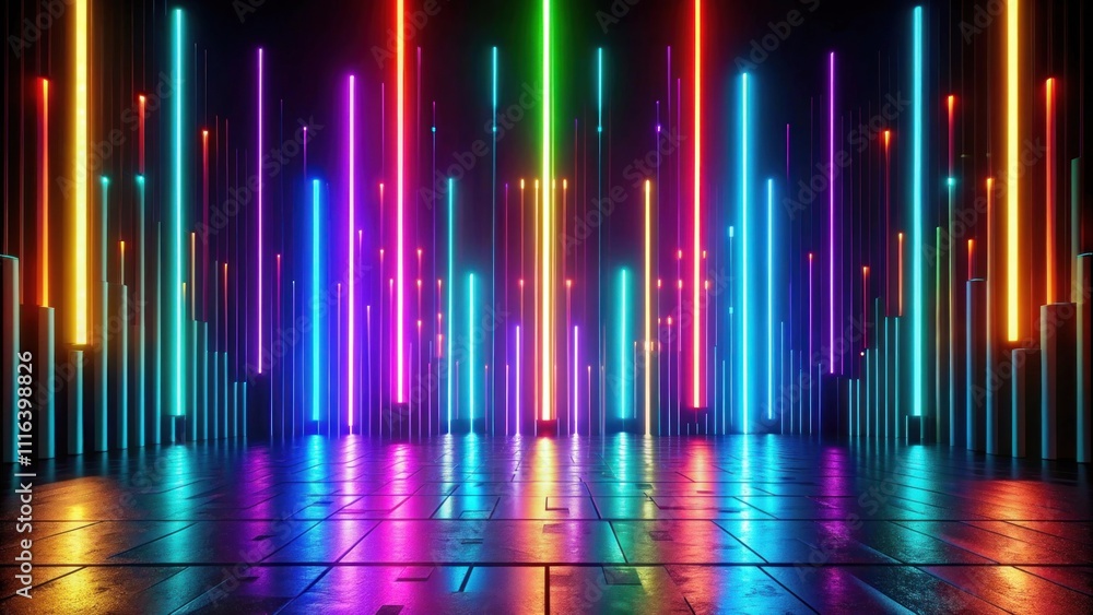 Poster vibrant abstract background with neon lights and colorful vertical stripes creating a futuristic sta