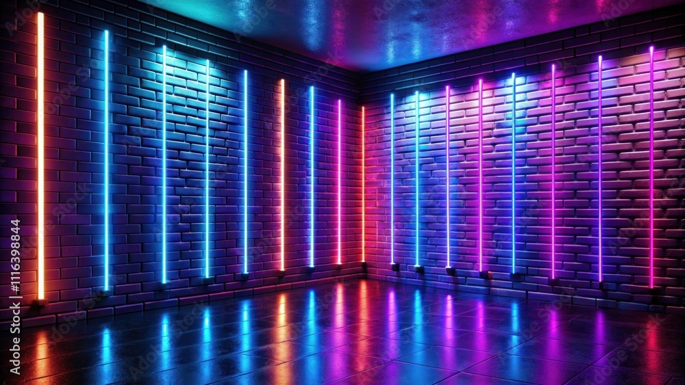 Aufkleber vibrant neon lights in an empty modern room with brick wall design creating a dynamic and colorful a
