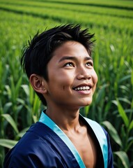 Smiling Teenage Boy in Traditional Thai Outfit Surrounded by Nature