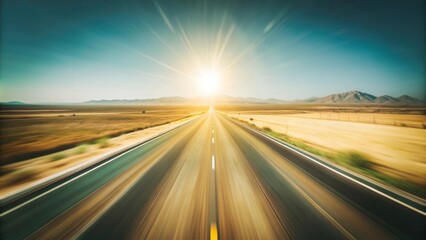 Open Road Leading Towards a Bright Horizon with Sunlight Glistening Over the Landscape, Capturing the Essence of Freedom and Adventure Journeying Through Nature