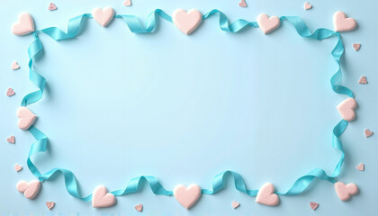 Romantic composition with pink hearts and blue ribbons on a light blue background with copy space