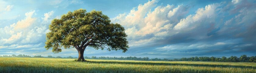 Fototapeta premium A solitary large tree standing in a lush green meadow under a vivid blue sky