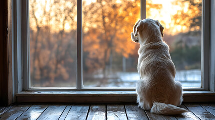 A dog is sitting by a window, looking out at the trees. The scene is peaceful and calming, with the dog's gaze focused on the outside world