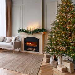 living room with furniture, christmas tree and campfire, christmas theme