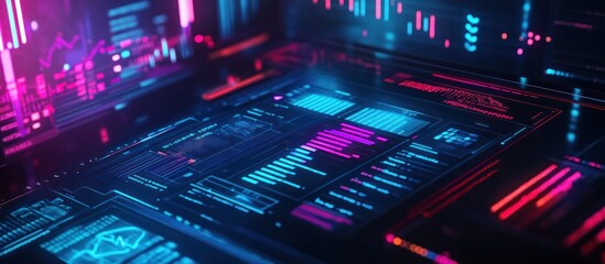 Obraz premium Futuristic digital interface displays glowing data streams and charts.