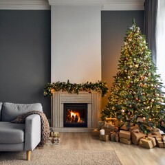 living room with furniture, christmas tree and campfire, christmas theme