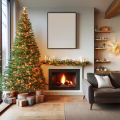 living room with furniture, christmas tree and campfire, christmas theme