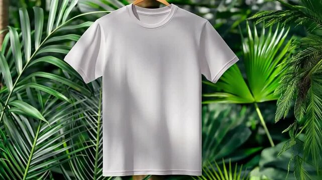 A plain white t-shirt displayed against a lush green jungle backdrop for design mockups. Concept of simplicity, customizable apparel, and eco-inspired presentation.