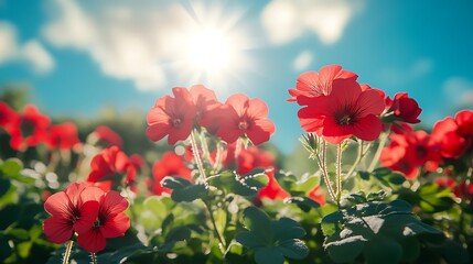 Vibrant red flowers blooming under sunlight nature scene outdoors