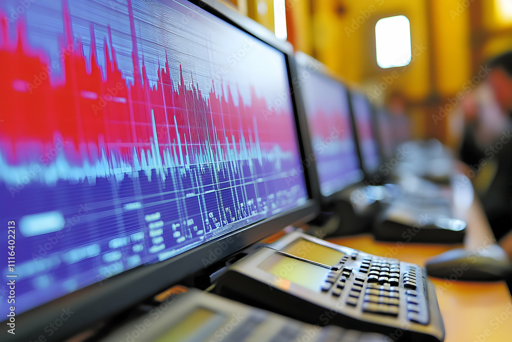 Poster red and blue financial data displayed on computer monitors in a trading room.
