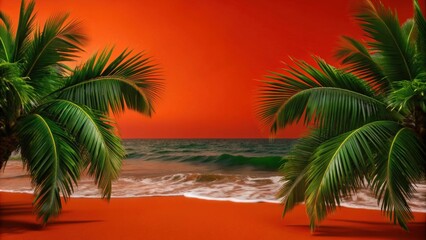 Fototapeta premium Serene Tropical Beach Scene at Sunset with Vibrant Orange Sky, Lush Palm Trees Framing Calm Ocean Waves and Sandy Shoreline in the Background