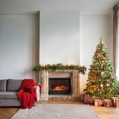 living room with furniture, christmas tree and campfire, christmas theme