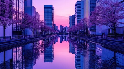 Fototapeta premium Purple Twilight Reflection of Buildings and Cherry Blossom Trees