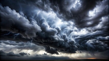 Obraz premium Dramatic Storm Clouds Illuminated by Lightning in a Darkening Sky During an Approaching Thunderstorm Over a Flat Landscape at Dusk