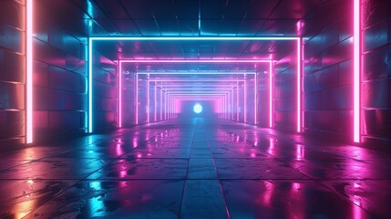 Naklejka premium 3d render abstract pink blue neon lines in the dark background.