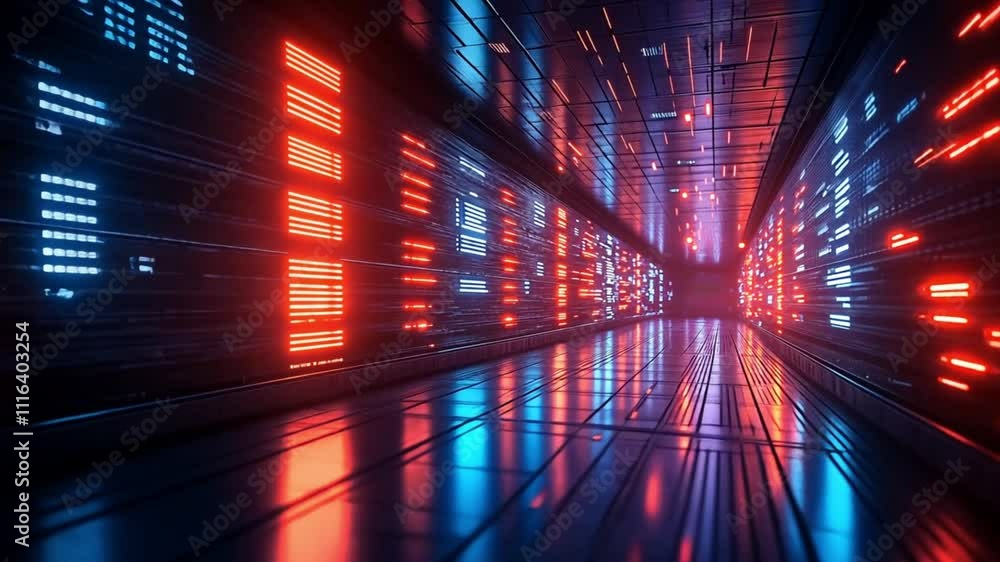 Poster a futuristic data center corridor illuminated with glowing red and blue lights. concept of advanced 