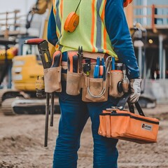 A person stands on a construction site with various heavy-duty tools attached