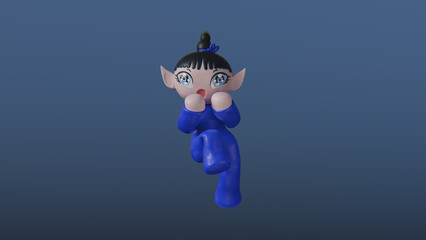 Cute anime chibi girl in a blue suit in a flying pose. Little kawaii lady. For postcards, posters and book covers. Copyspace background. 3d render, 3d illustration.