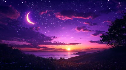 Obraz premium Celestial evening sunset over serene ocean landscape nature view