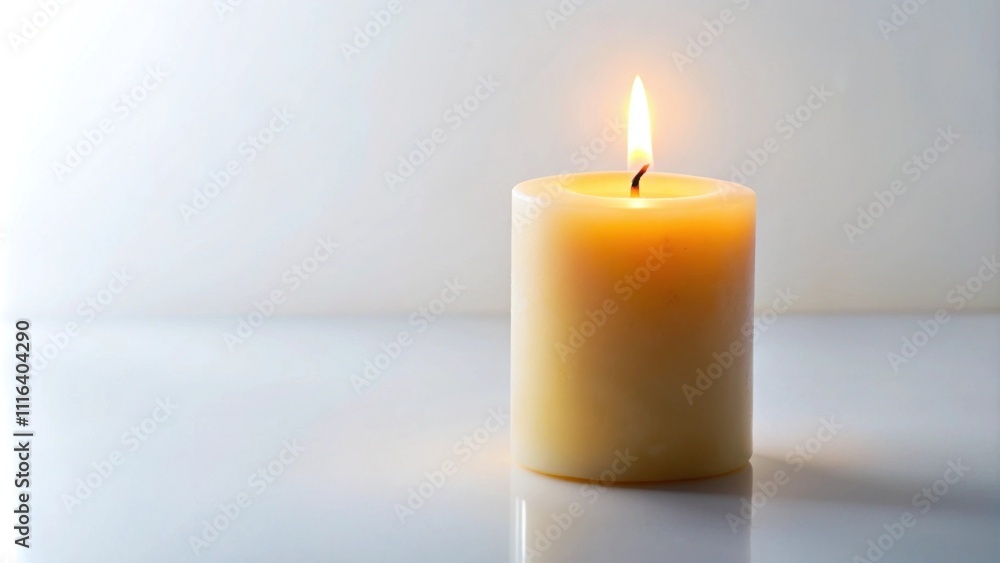Poster single candle with soft glow on white surface showcasing serenity and calmness in a minimalistic set