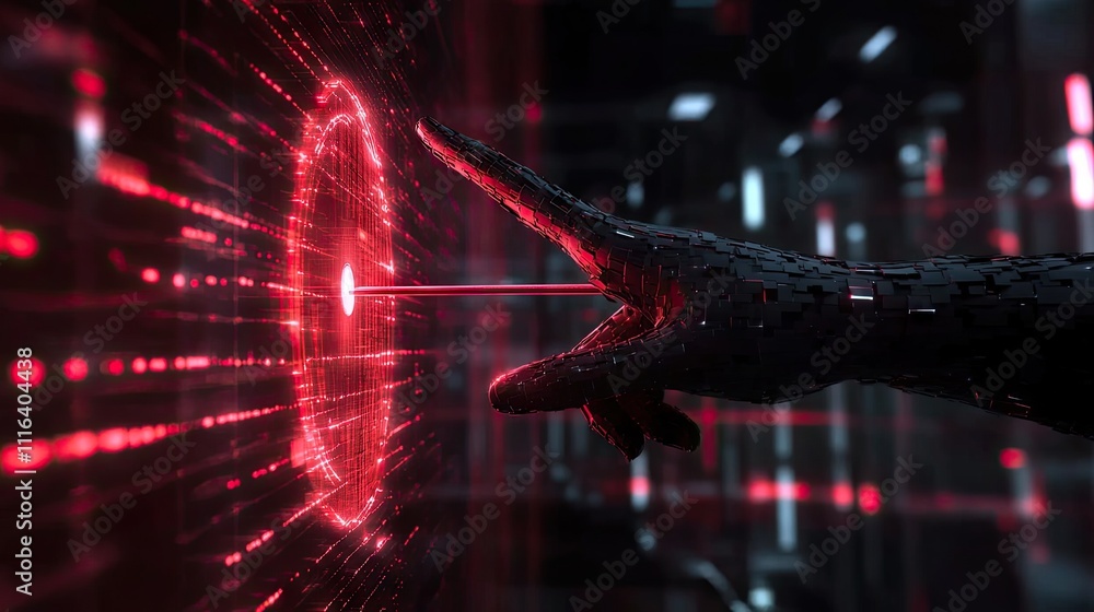 Poster futuristic hand touching red light in digital space with data streams
