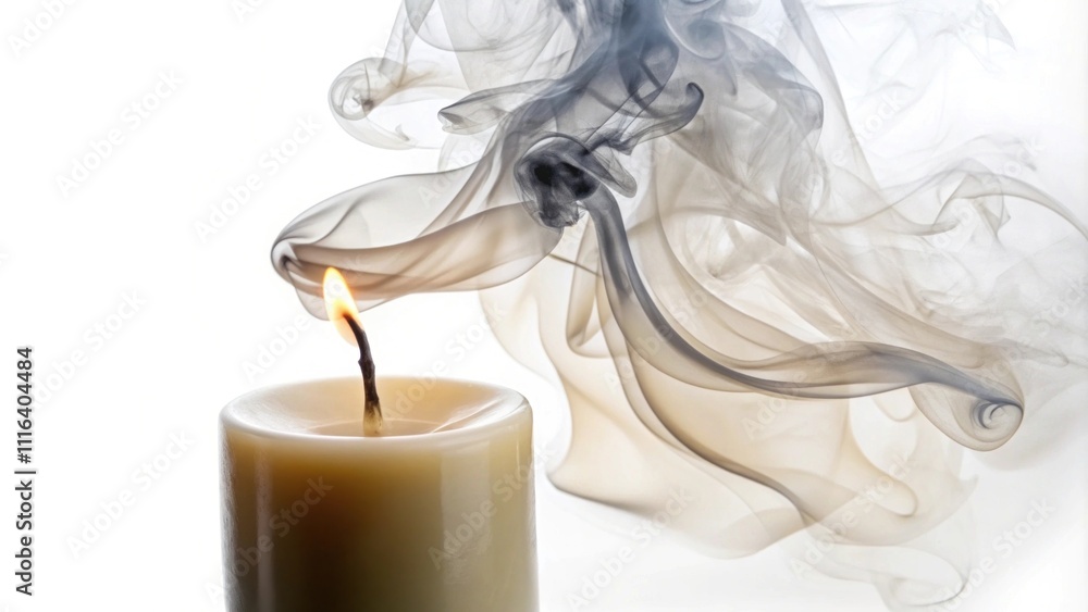 Poster soft glow of candle flame illuminates wispy smoke patterns creating a serene and mystical atmosphere