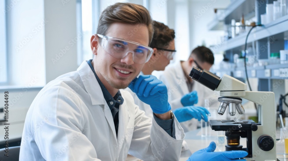 Aufkleber a scientist in a lab coat smiles while working with a microscope and colleagues in a lab.