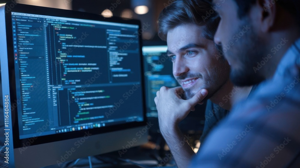 Poster two individuals collaborating on coding at a computer screen in a dimly lit environment.