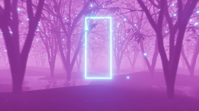 Foggy Pink with Neon Rectangle in the middle with a place for text or image. Magic Forest Seamless Loop Animation