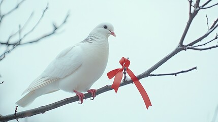 A white dove perched on a branch, holding a small ribbon in its beak against a clear sky.