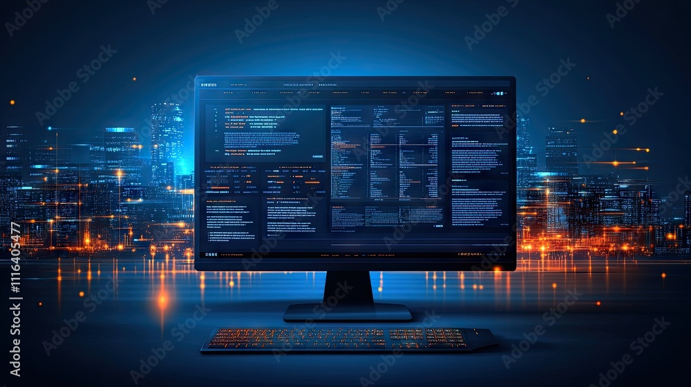 Poster futuristic computer screen displaying code with urban background