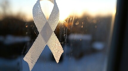 A white ribbon etched into frost on a glass surface, reflecting morning sunlight.