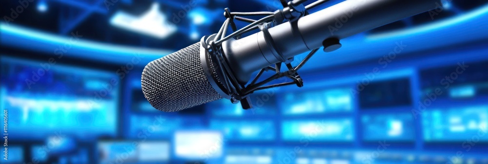 Poster a close-up of a microphone in a modern studio setting with blue lighting.