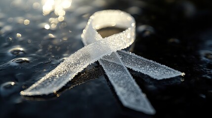 A white ribbon etched into frost on a glass surface, reflecting morning sunlight.