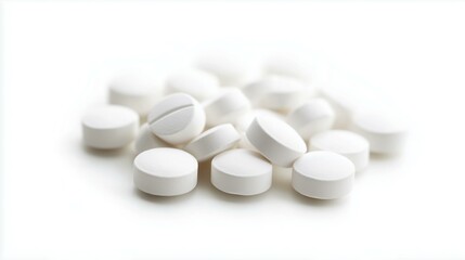 Close-up of white round tablets scattered on a glossy surface in a clean, minimalist setting.