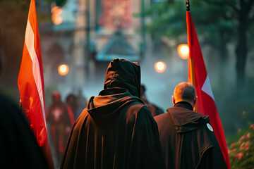 A man in a hooded cloak stands next to two flags, one of which is red and white