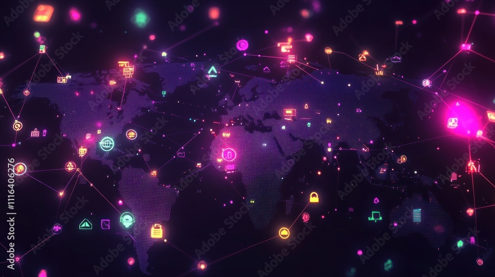 Poster global network connection, data flow, digital world map with glowing icons.